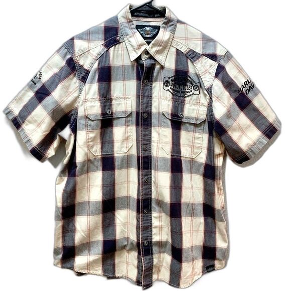 Harley-Davidson Other - Harley Davidson Motorcycles Plaid Embroidered Metal Button Garage Work Shirt L